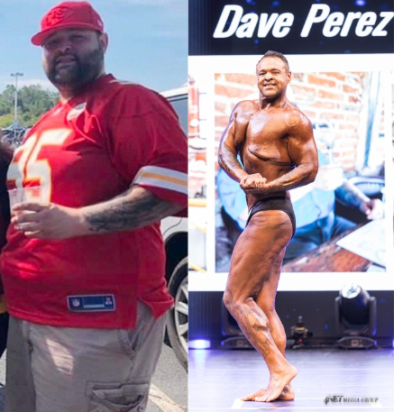 Dave Perez before at 370 pounds and after his transformation, using the final approved crop